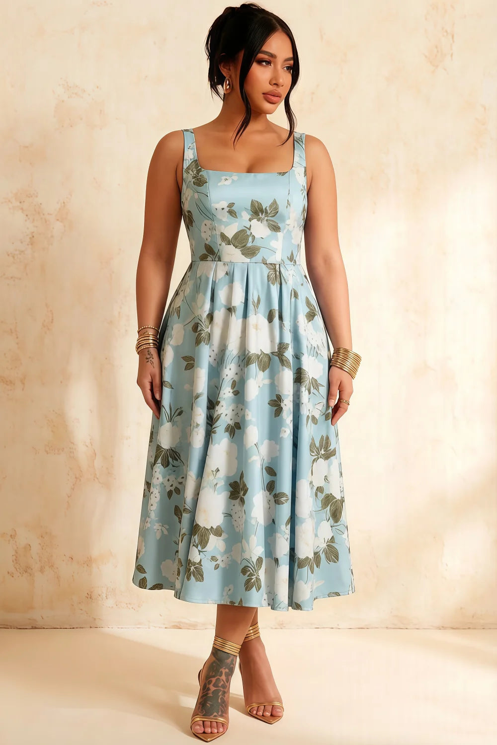 Gina Blue Floral Midi Dress Square Neckline