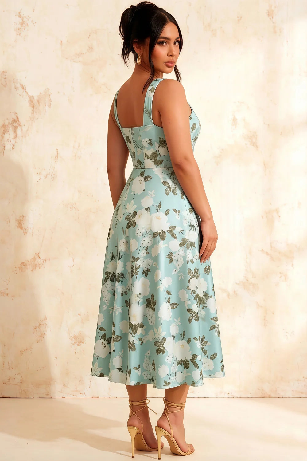 Gina Blue Floral Midi Dress Square Neckline