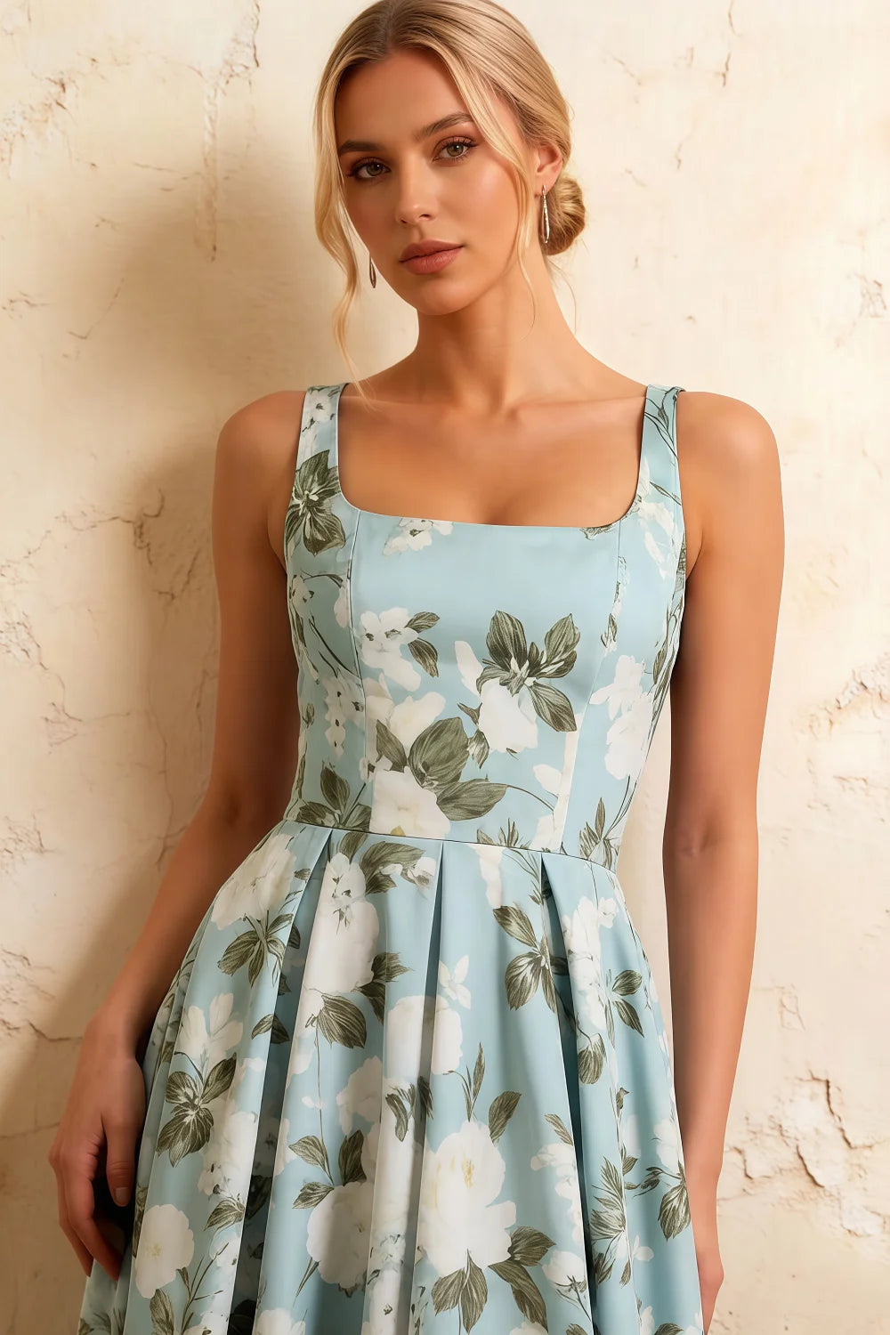 Gina Blue Floral Midi Dress Square Neckline