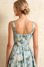 Gina Blue Floral Midi Dress Square Neckline