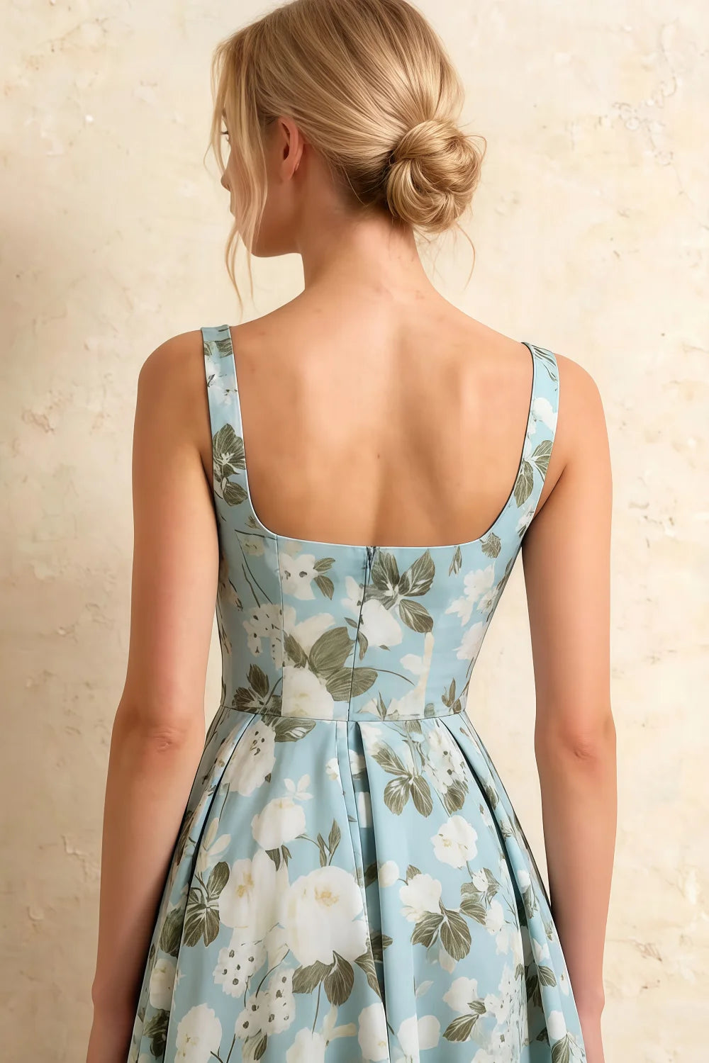 Gina Blue Floral Midi Dress Square Neckline