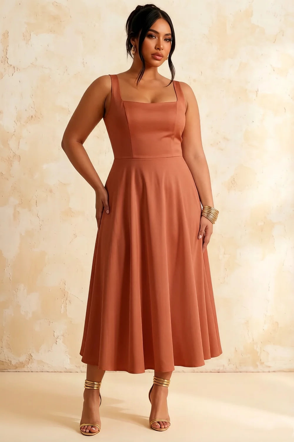 Gina Bronze Maeve Square Neck Midi Slip Dress