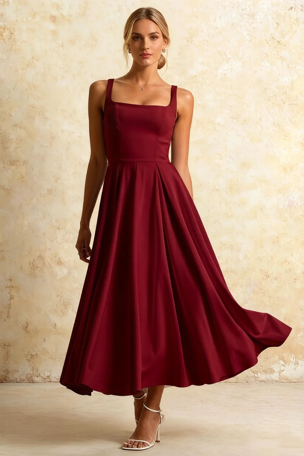 Gina Burgundy Square Neckline Midi Dress | Classy Pleated A-Line Main image