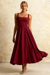 Gina Burgundy Square Neckline Midi Dress | Classy Pleated A-Line
