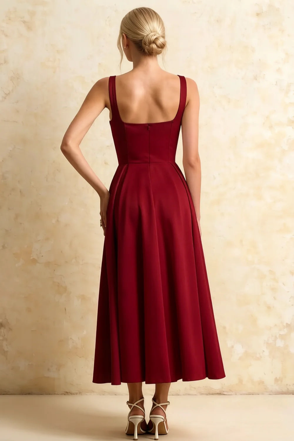 Gina Burgundy Square Neckline Midi Dress | Classy Pleated A-Line