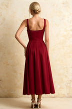 Gina Burgundy Square Neckline Midi Dress | Classy Pleated A-Line