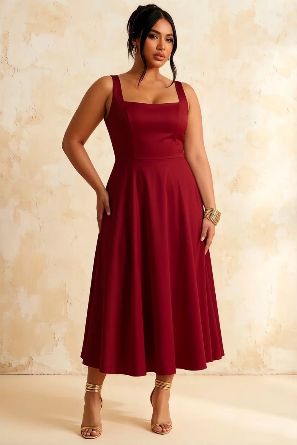 Gina Burgundy Square Neckline Midi Dress | Classy Pleated A-Line