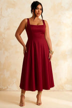 Gina Burgundy Square Neckline Midi Dress | Classy Pleated A-Line