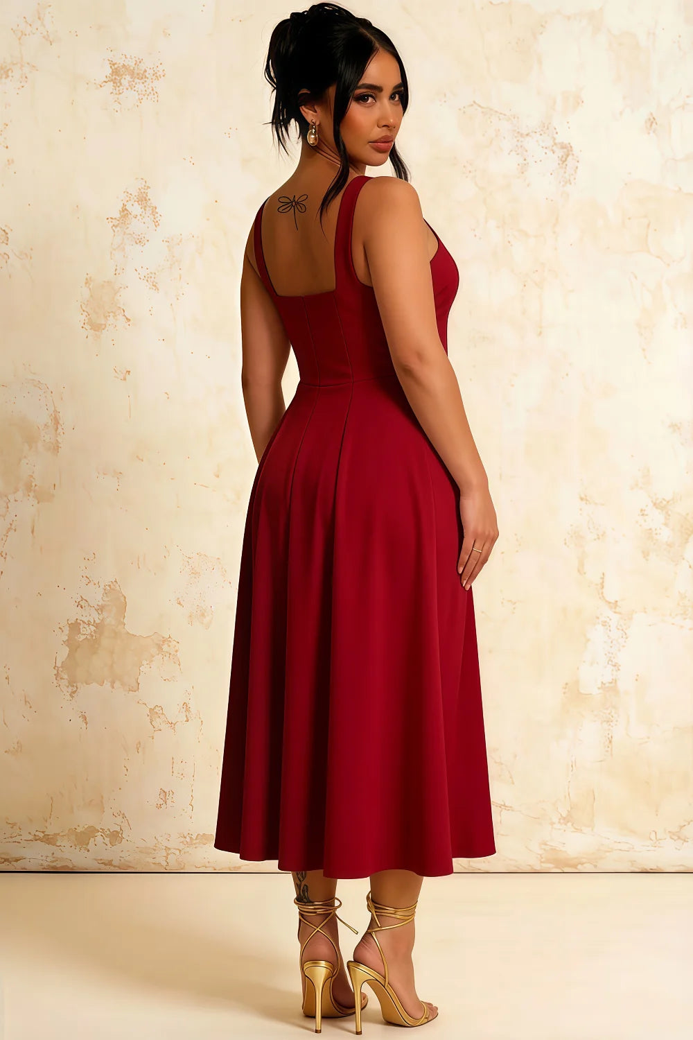 Gina Burgundy Square Neckline Midi Dress | Classy Pleated A-Line