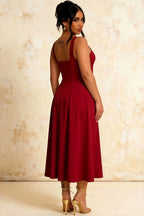 Gina Burgundy Square Neckline Midi Dress | Classy Pleated A-Line
