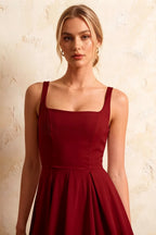 Gina Burgundy Square Neckline Midi Dress | Classy Pleated A-Line
