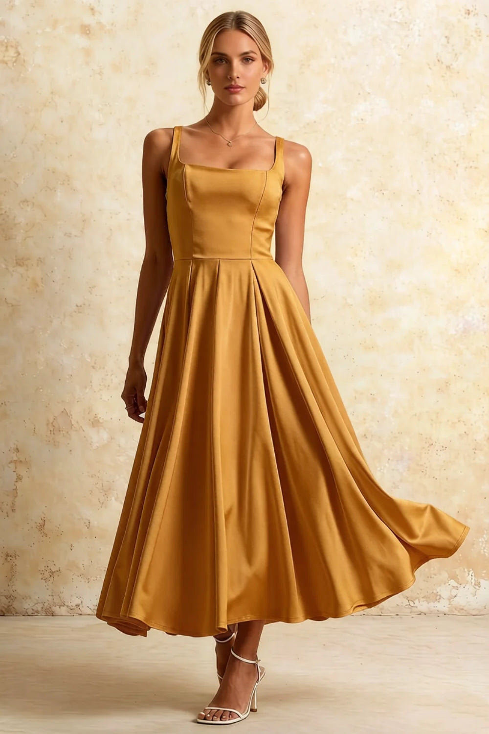 Gina Butterscotch Midi Dress Square Neck | Elegant A-Line Dress Main image
