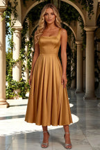 Gina Butterscotch Midi Dress Square Neck | Elegant A-Line Dress