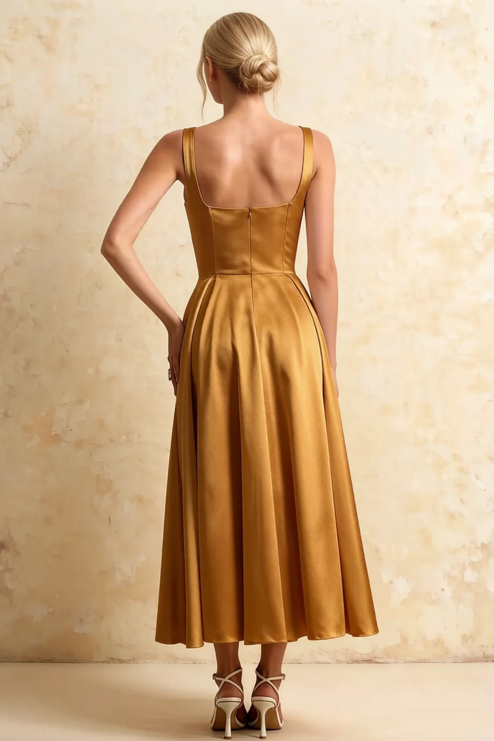Gina Butterscotch Midi Dress Square Neck | Elegant A-Line Dress