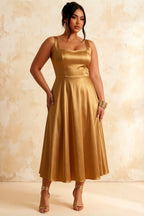 Gina Butterscotch Midi Dress Square Neck | Elegant A-Line Dress