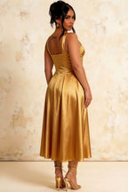 Gina Butterscotch Midi Dress Square Neck | Elegant A-Line Dress