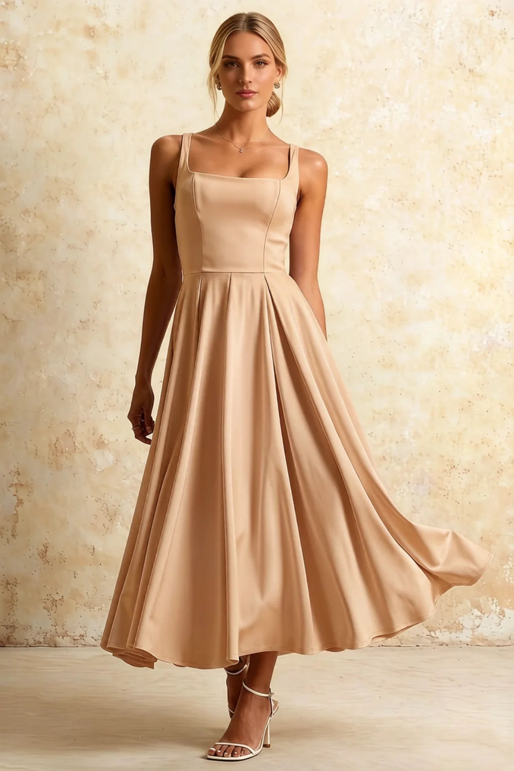 Gina Champagne Midi Dress with Square Neckline for Formal Main image