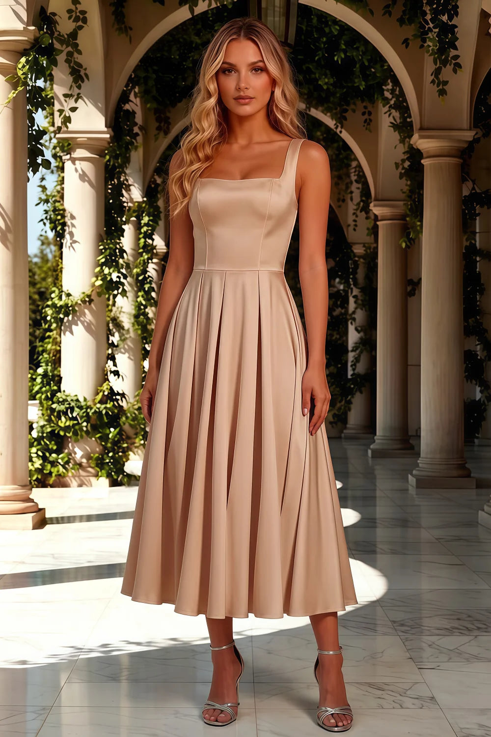 Gina Champagne Midi Dress with Square Neckline for Formal Secondary image
