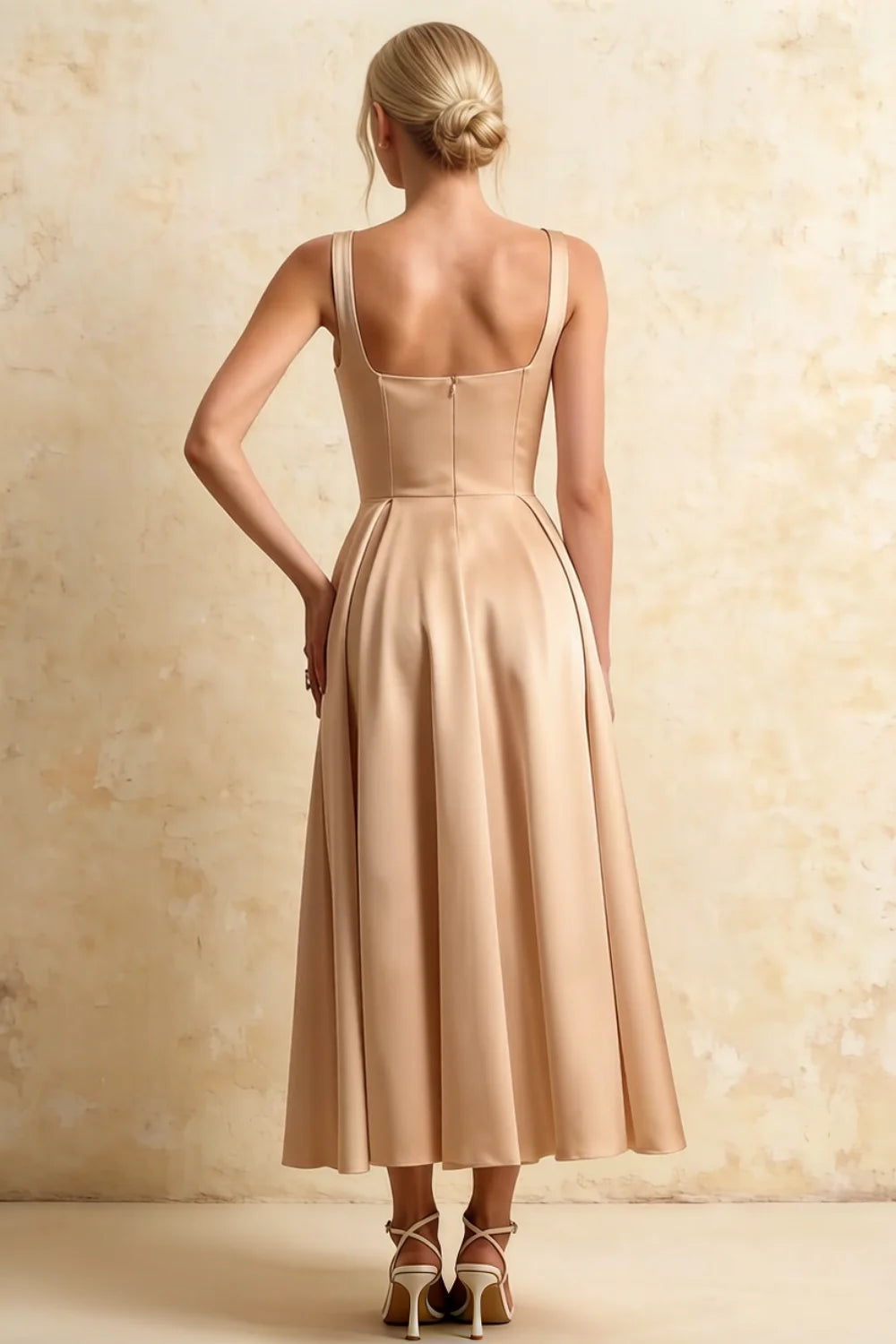 Gina Champagne Midi Dress with Square Neckline for Formal