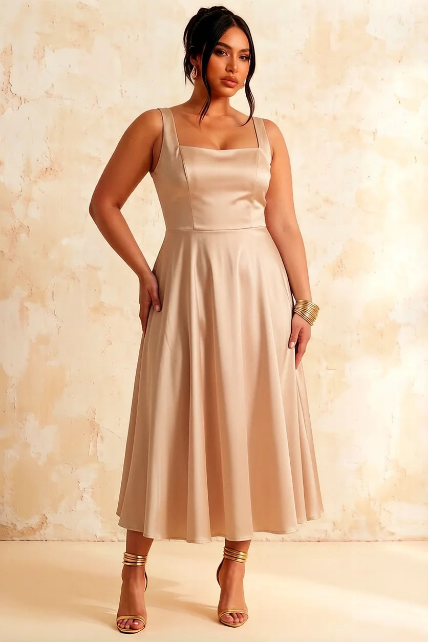 Gina Champagne Midi Dress with Square Neckline for Formal