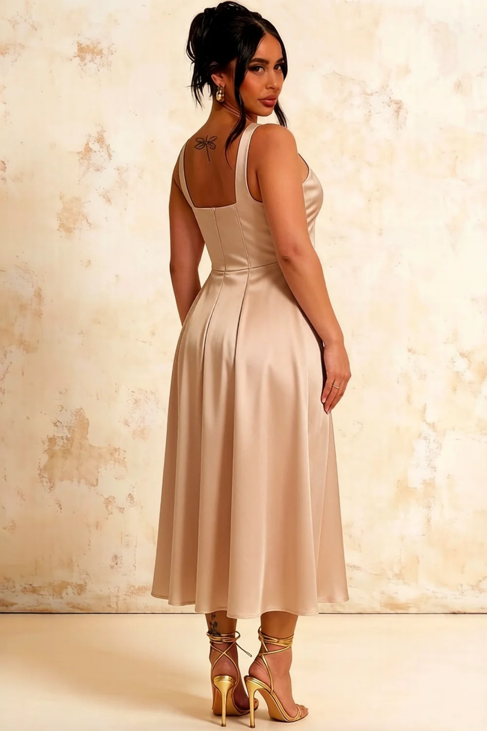Gina Champagne Midi Dress with Square Neckline for Formal