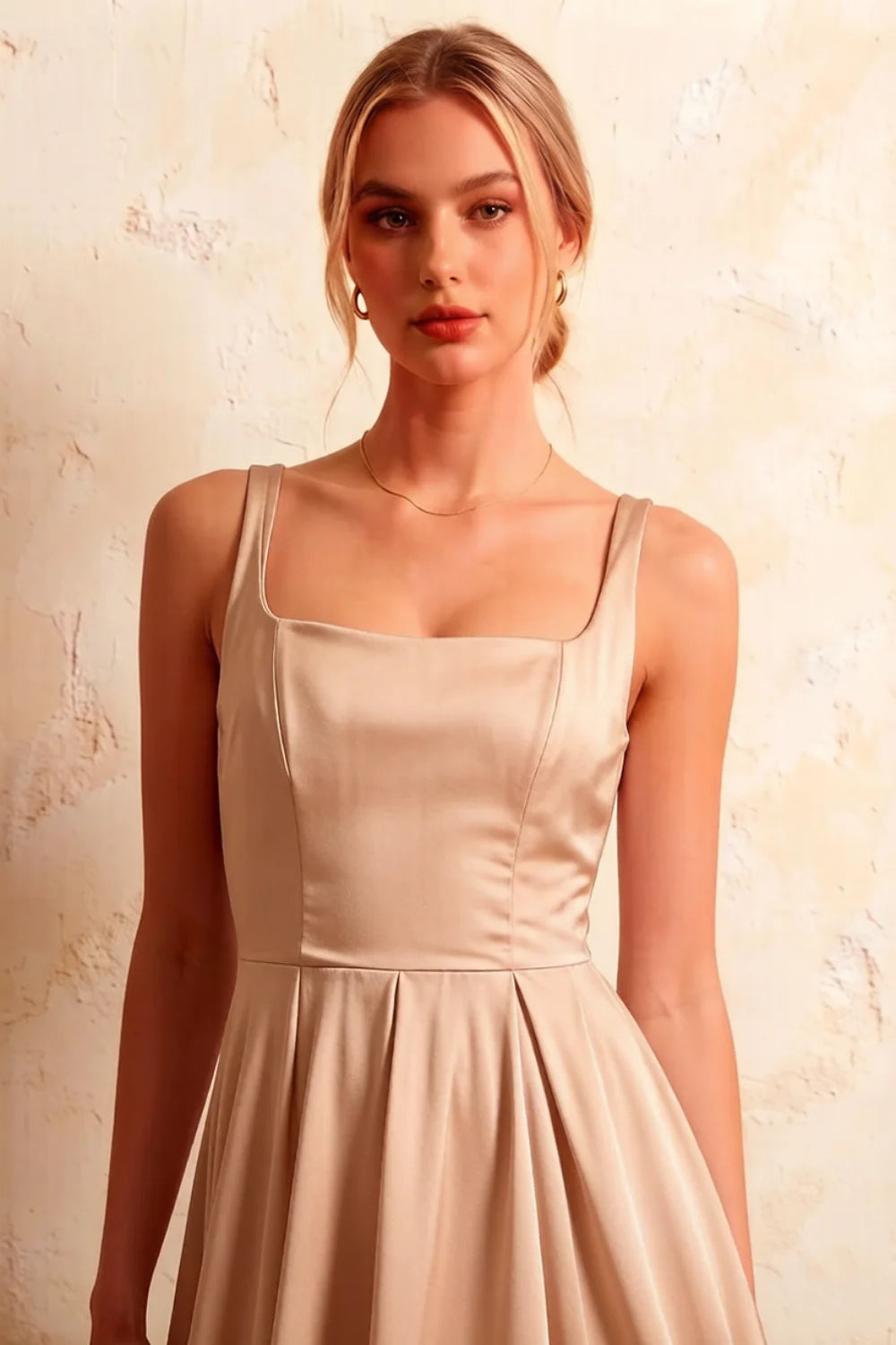 Gina Champagne Midi Dress with Square Neckline for Formal