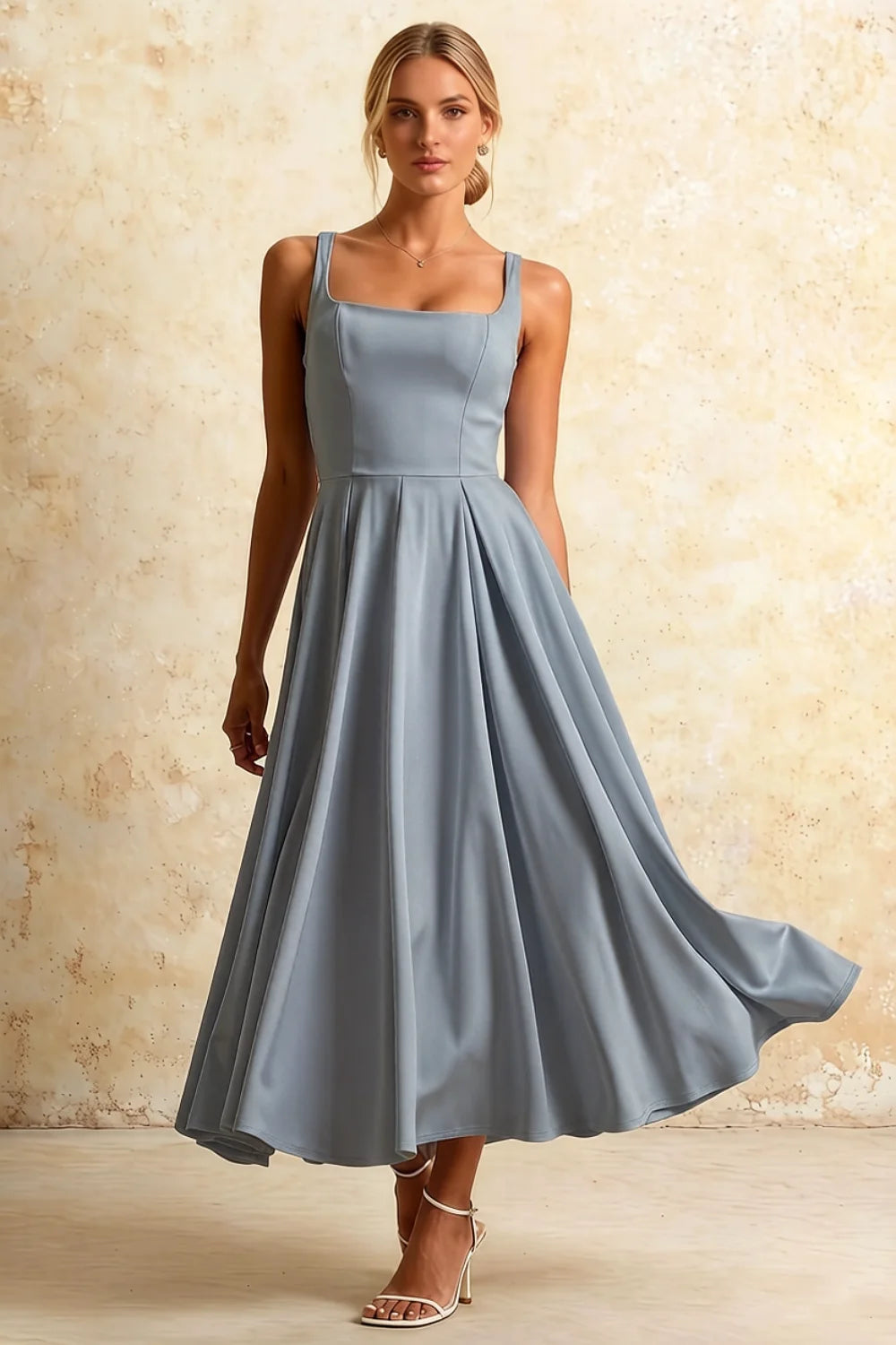 Gina Dusty Blue Midi Dresses Square Neck | Chic A-Line Dress Main image