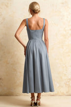 Gina Dusty Blue Midi Dresses Square Neck | Chic A-Line Dress