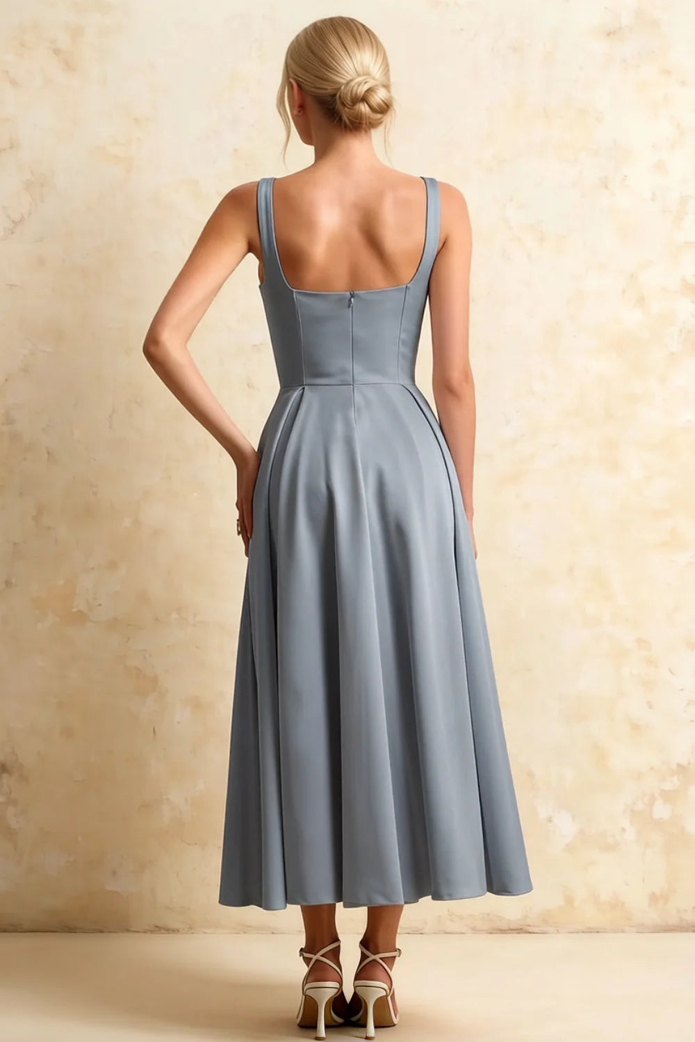 Gina Dusty Blue Midi Dresses Square Neck | Chic A-Line Dress