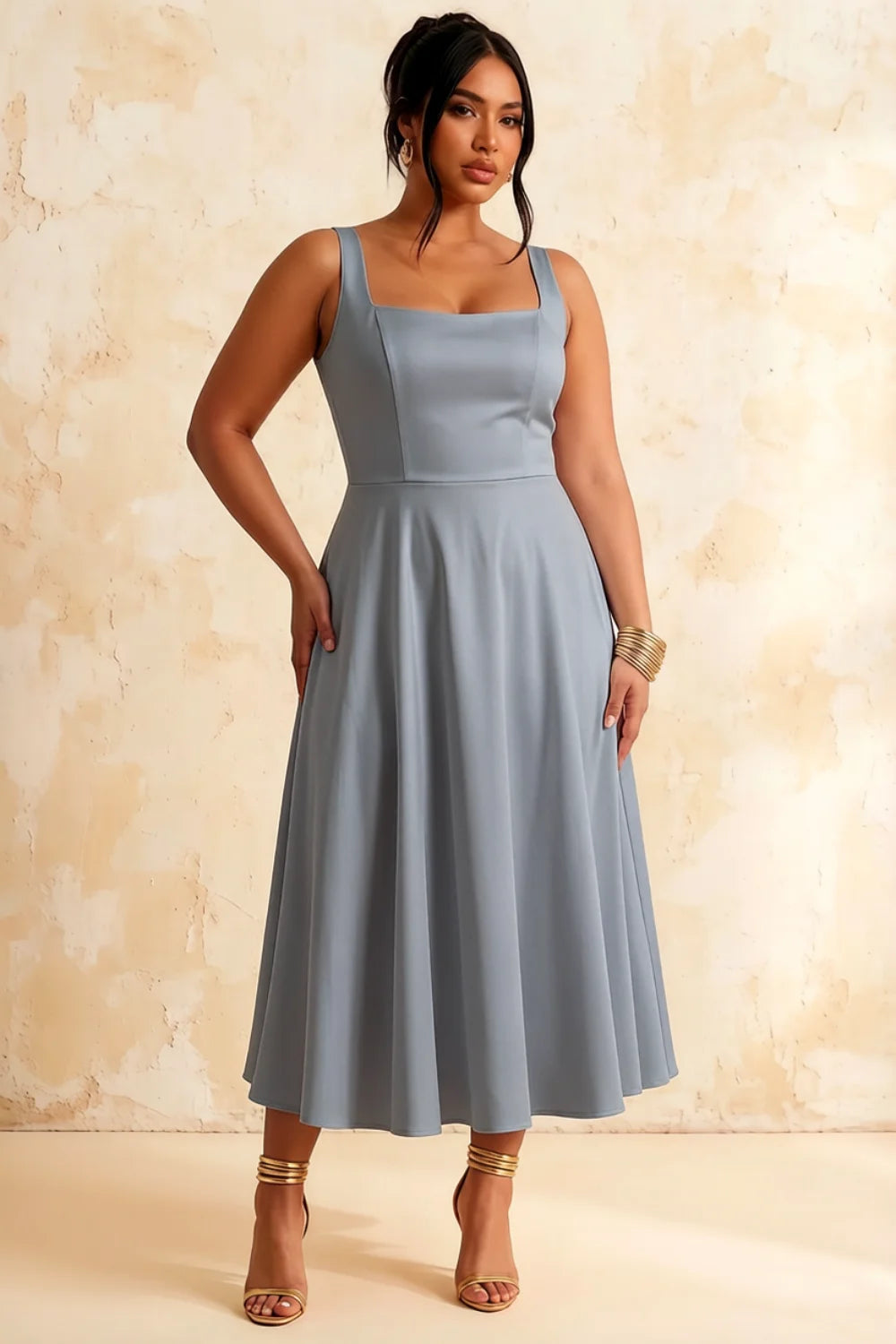 Gina Dusty Blue Midi Dresses Square Neck | Chic A-Line Dress