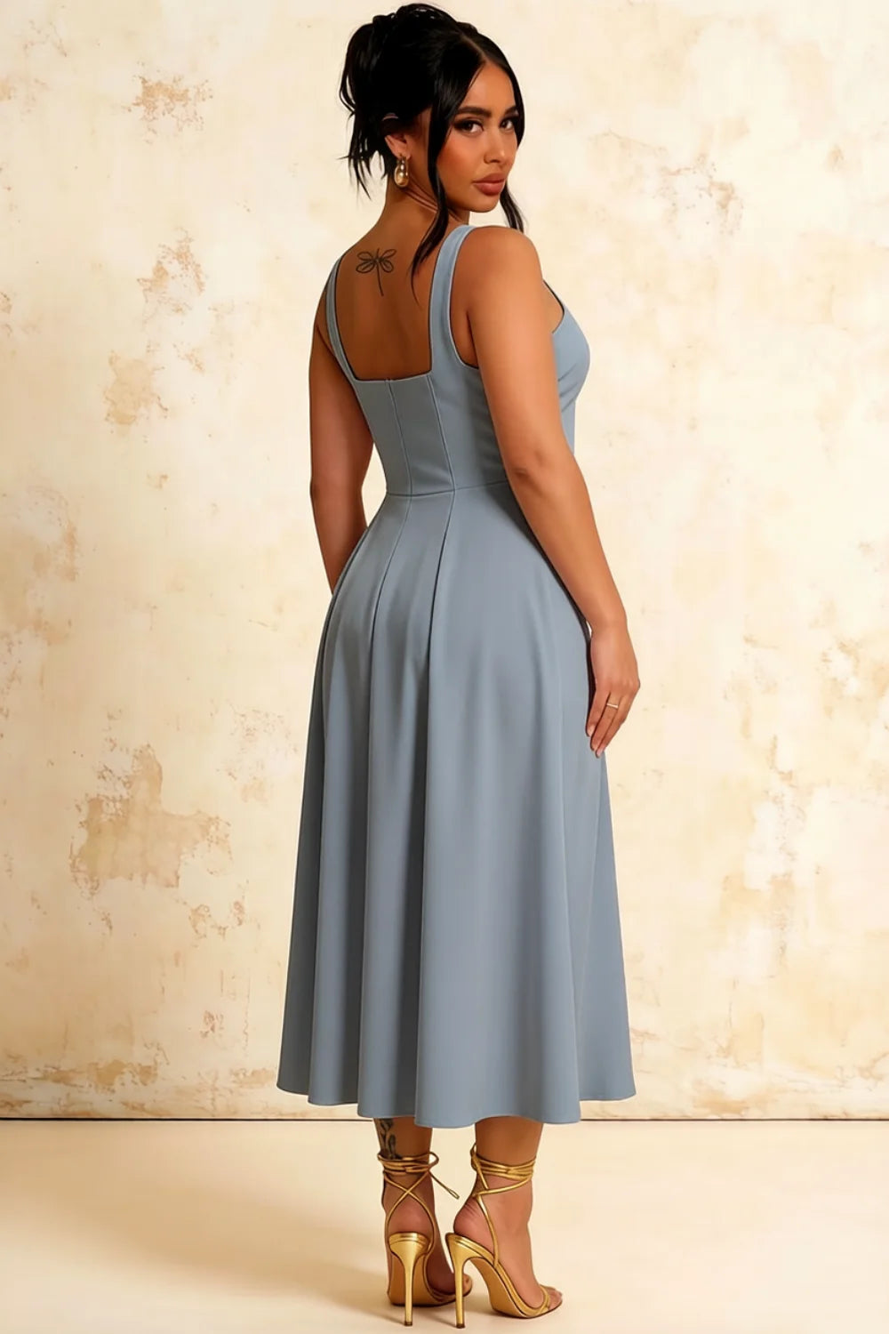 Gina Dusty Blue Midi Dresses Square Neck | Chic A-Line Dress