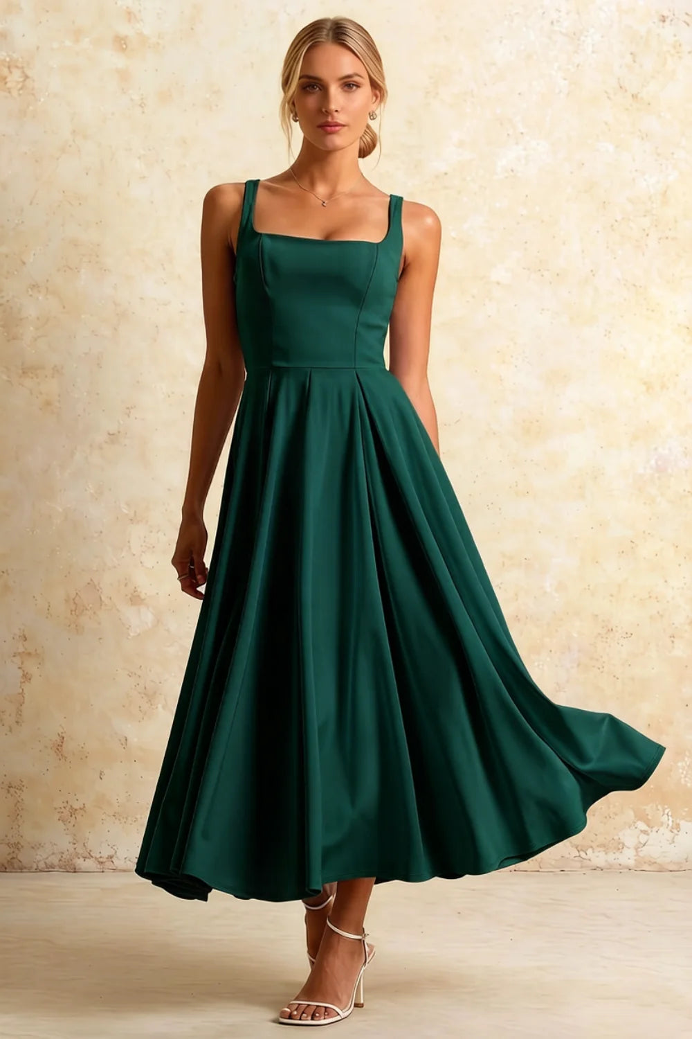 Gina Emerald Green Square Neck Dress Midi | Classic Party Look Main image