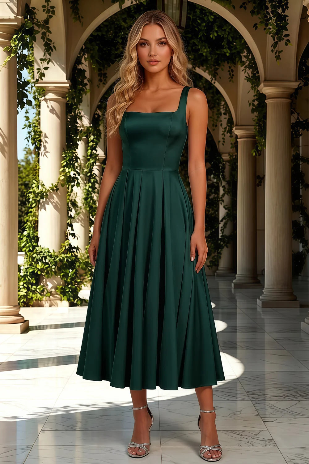 Gina Emerald Green Square Neck Dress Midi | Classic Party Look