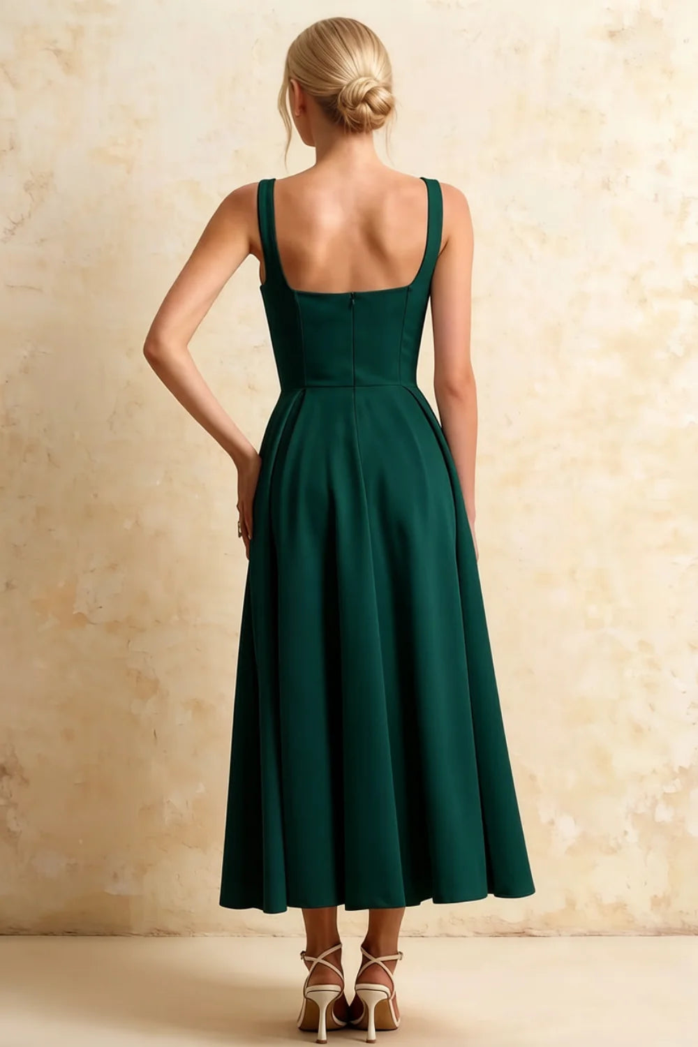Gina Emerald Green Square Neck Dress Midi | Classic Party Look