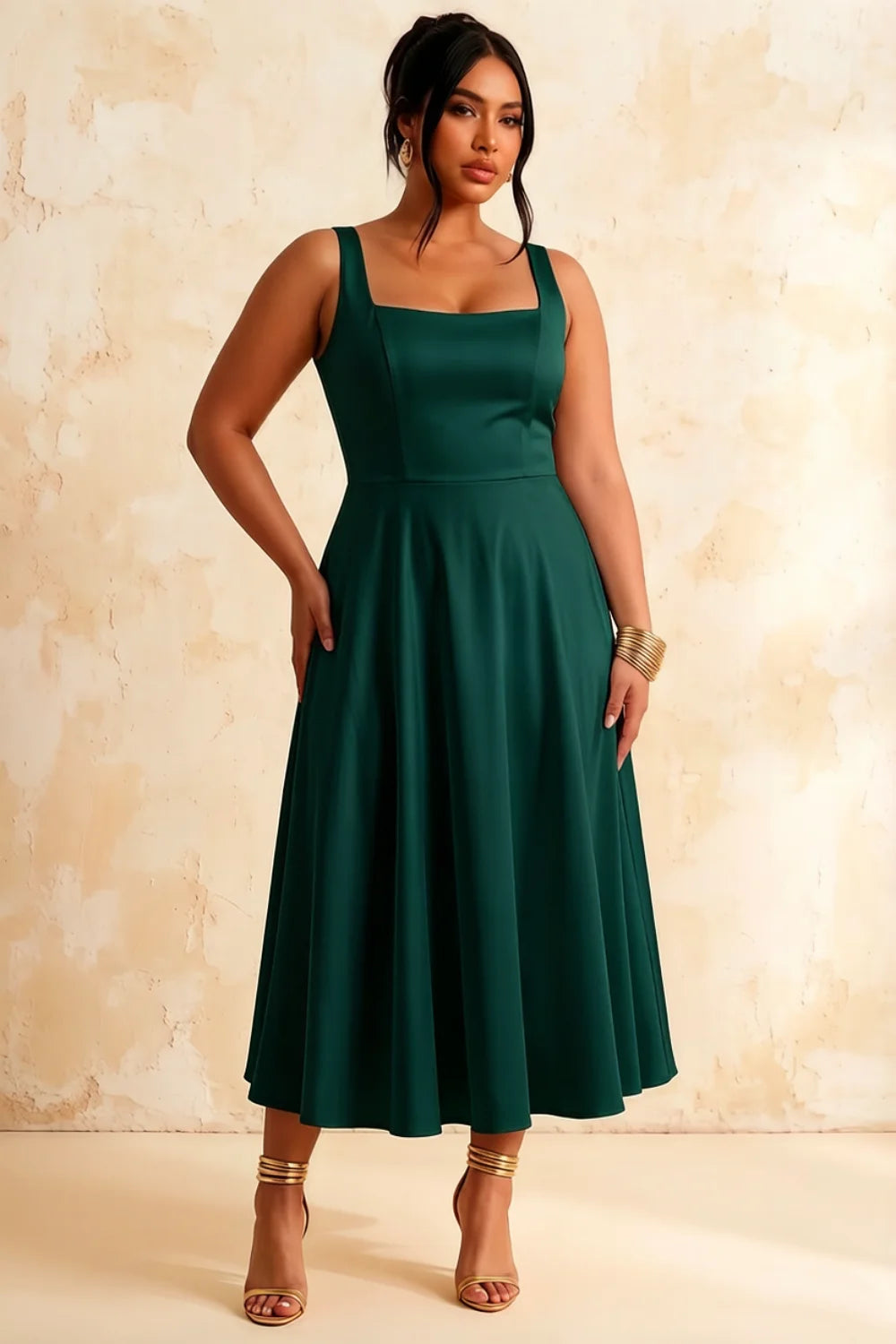 Gina Emerald Green Square Neck Dress Midi | Classic Party Look