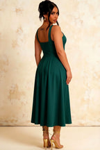 Gina Emerald Green Square Neck Dress Midi | Classic Party Look