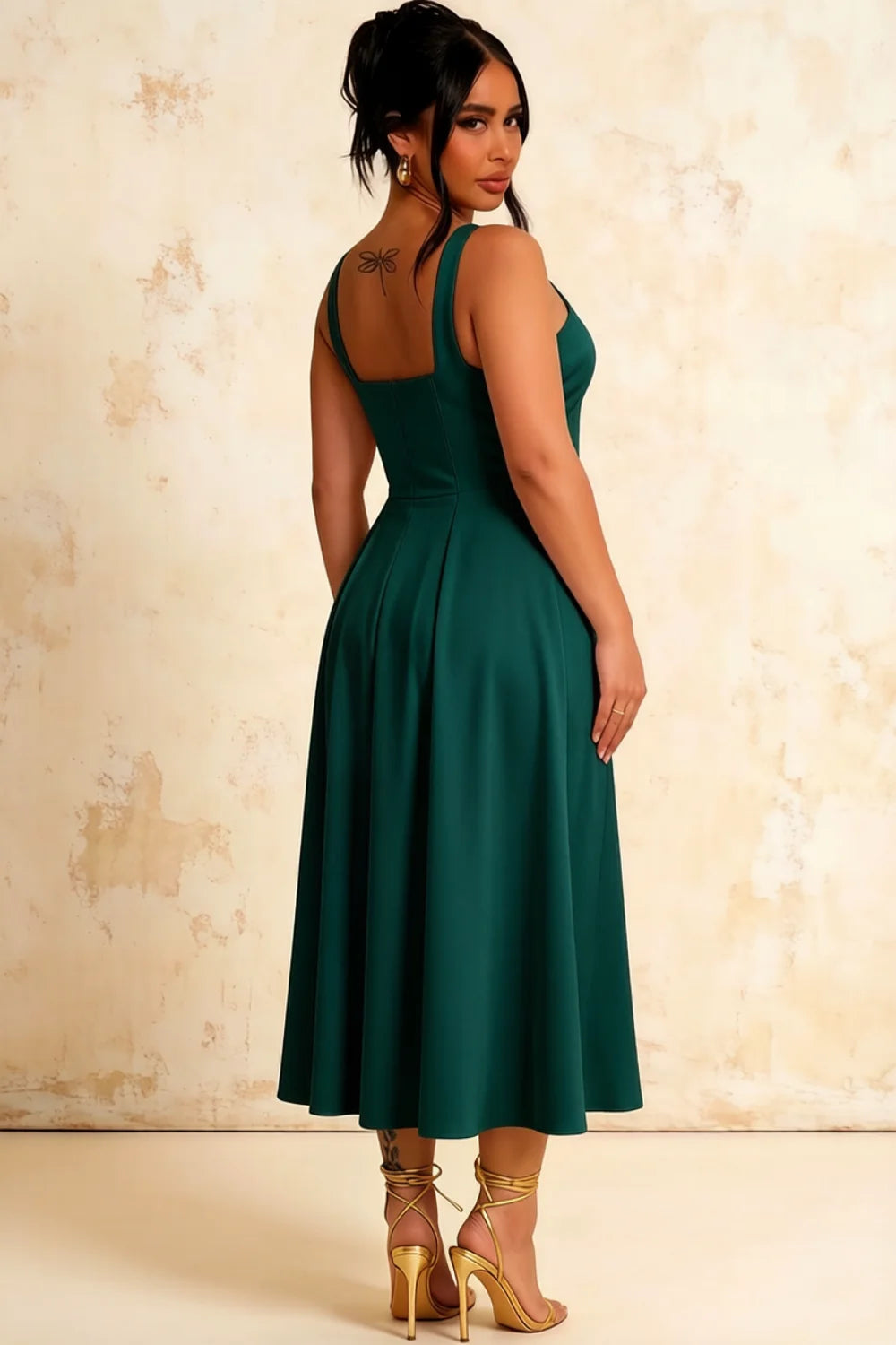 Gina Emerald Green Square Neck Dress Midi | Classic Party Look