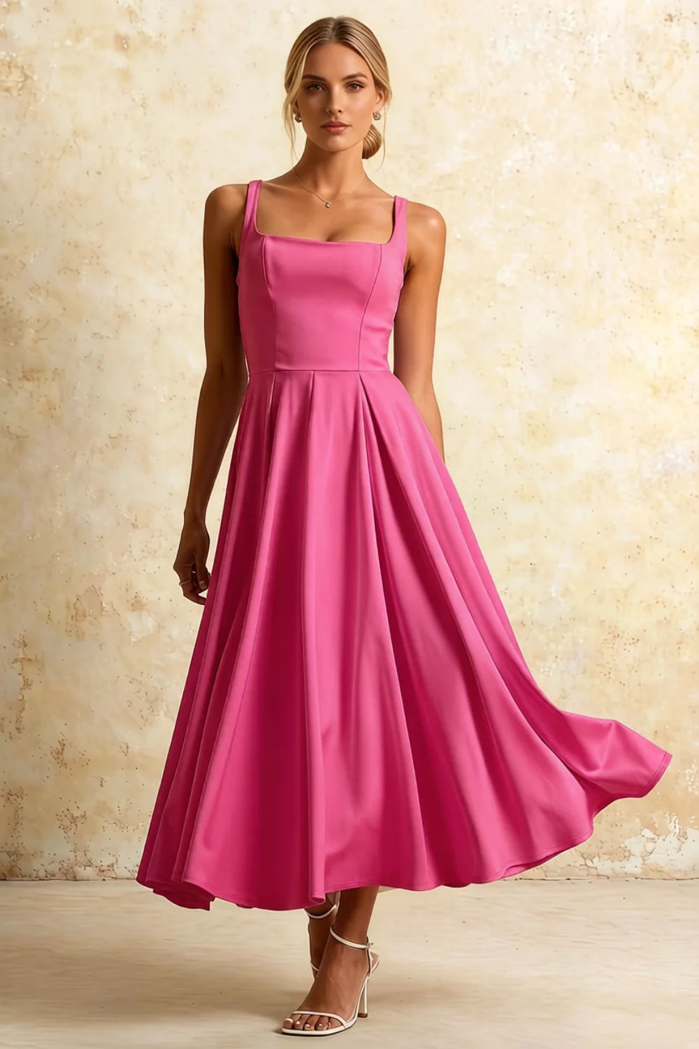 Gina Fuchsia High Waist Square Neck Midi Dress | Chic A-Line Style