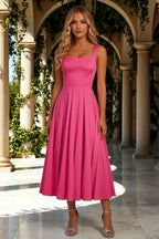 Gina Fuchsia High Waist Square Neck Midi Dress | Chic A-Line Style