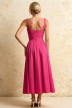 Gina Fuchsia High Waist Square Neck Midi Dress | Chic A-Line Style