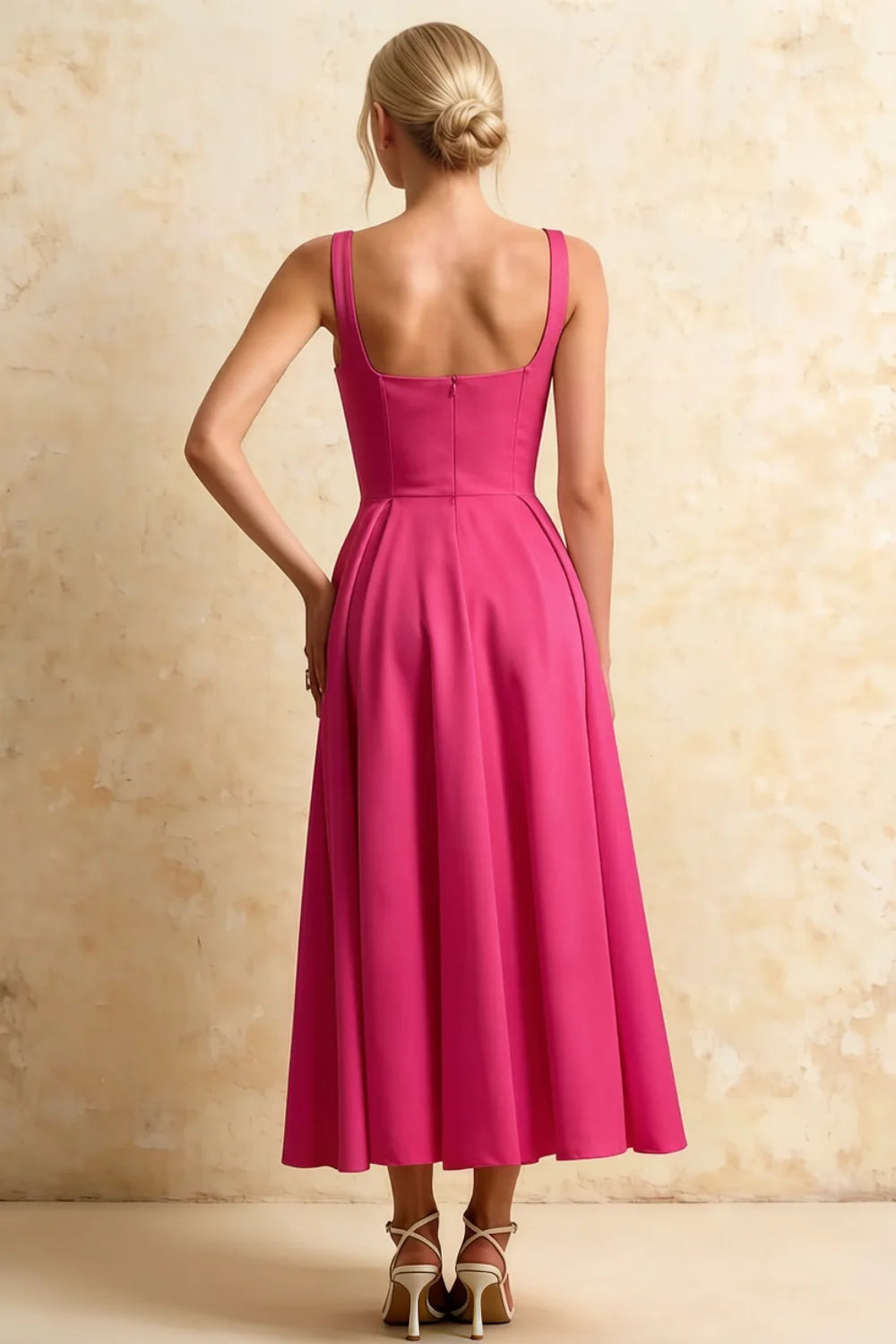 Gina Fuchsia High Waist Square Neck Midi Dress | Chic A-Line Style