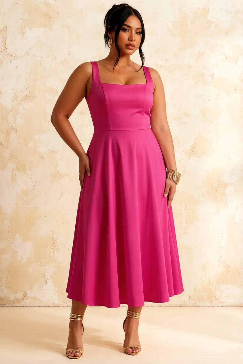 Gina Fuchsia High Waist Square Neck Midi Dress | Chic A-Line Style