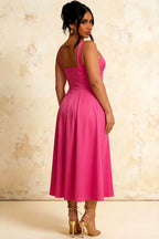 Gina Fuchsia High Waist Square Neck Midi Dress | Chic A-Line Style