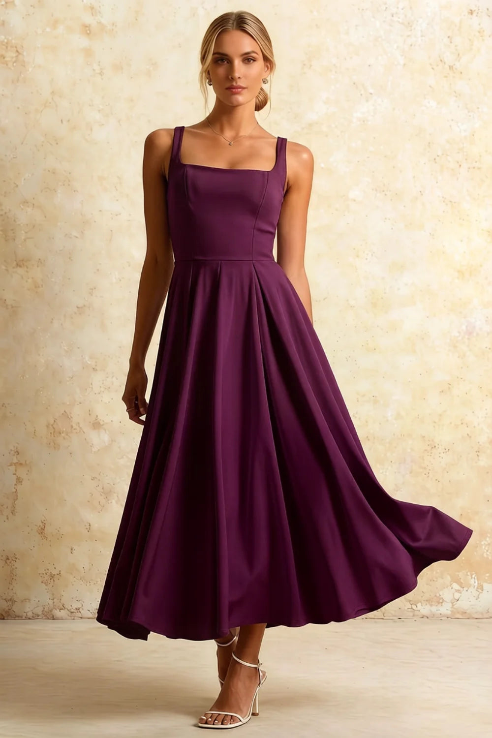 Vestido midi Gina Grape Natalia con escote cuadrado | Estilo de fiesta elegante corte A Imagen principal del producto