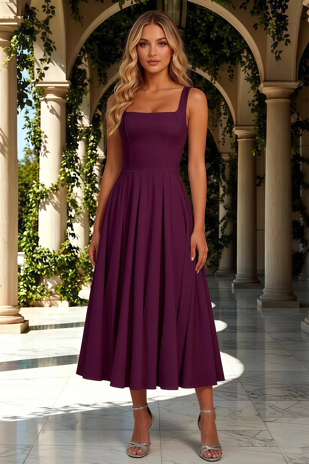 Gina Grape Natalia Square Neck Midi Dress | Elegant A-Line Party Style