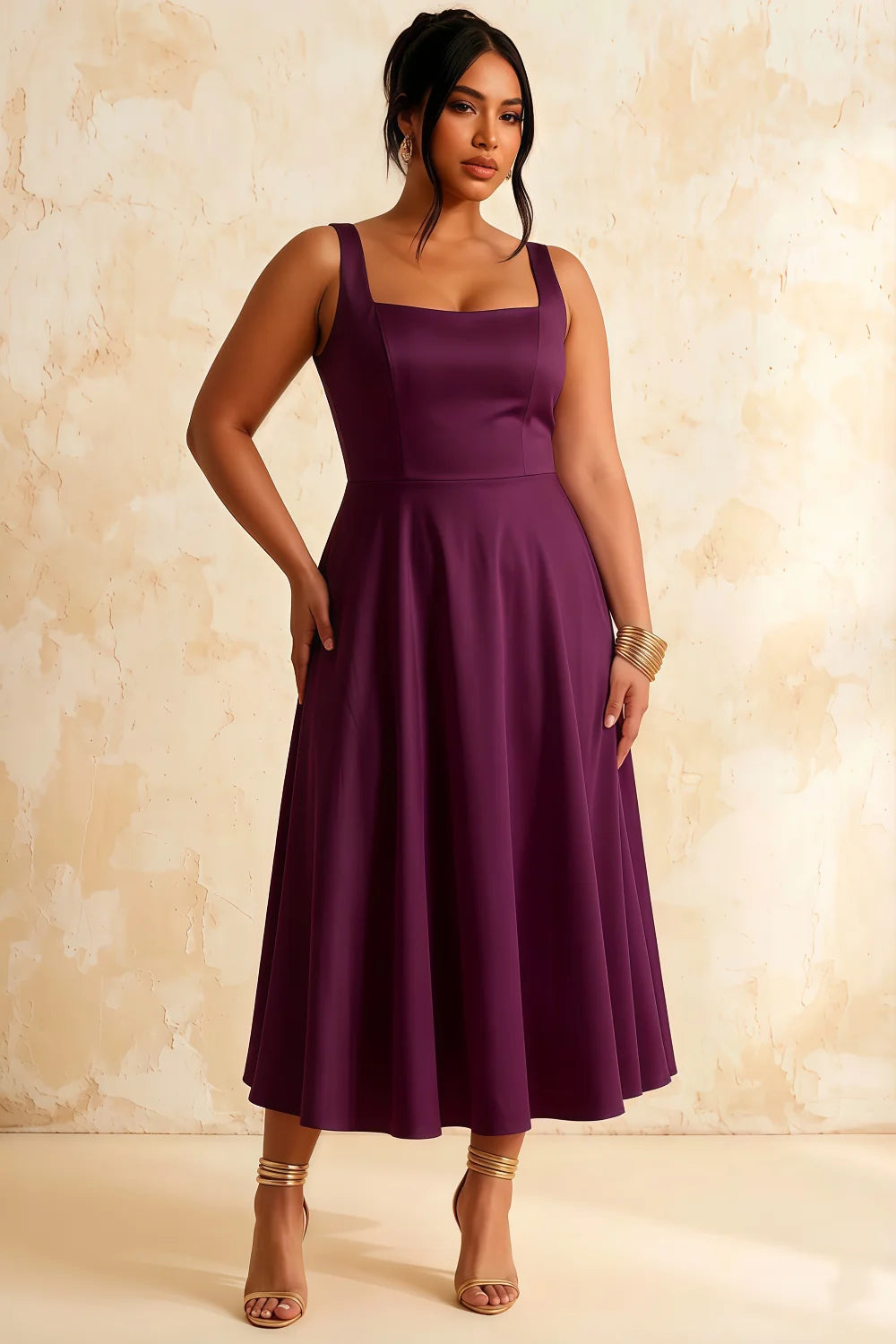Gina Grape Natalia Square Neck Midi Dress | Elegant A-Line Party Style