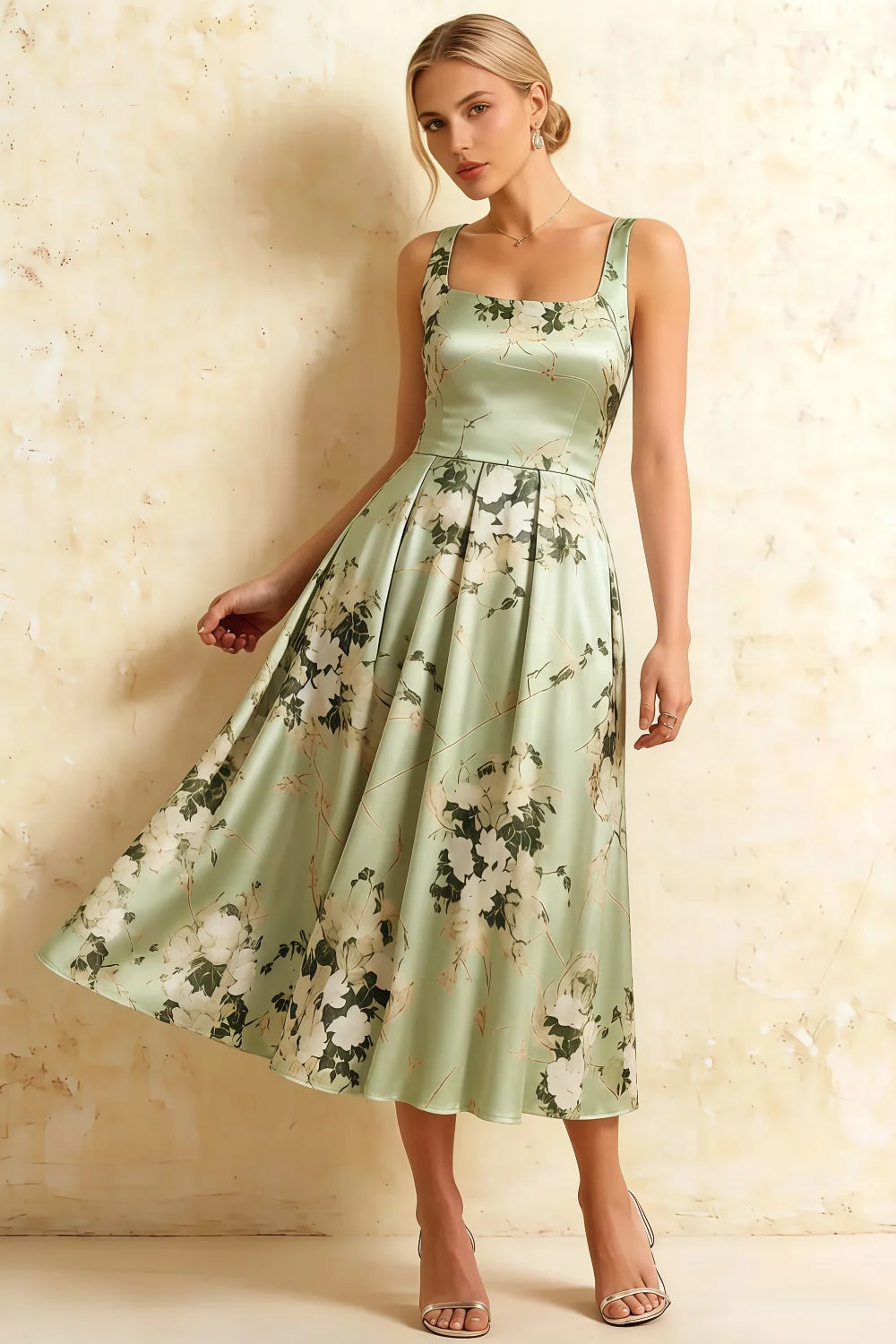 Vestido Midi Gina con cuello cuadrado floral verde y corte en A Imagen principal del producto