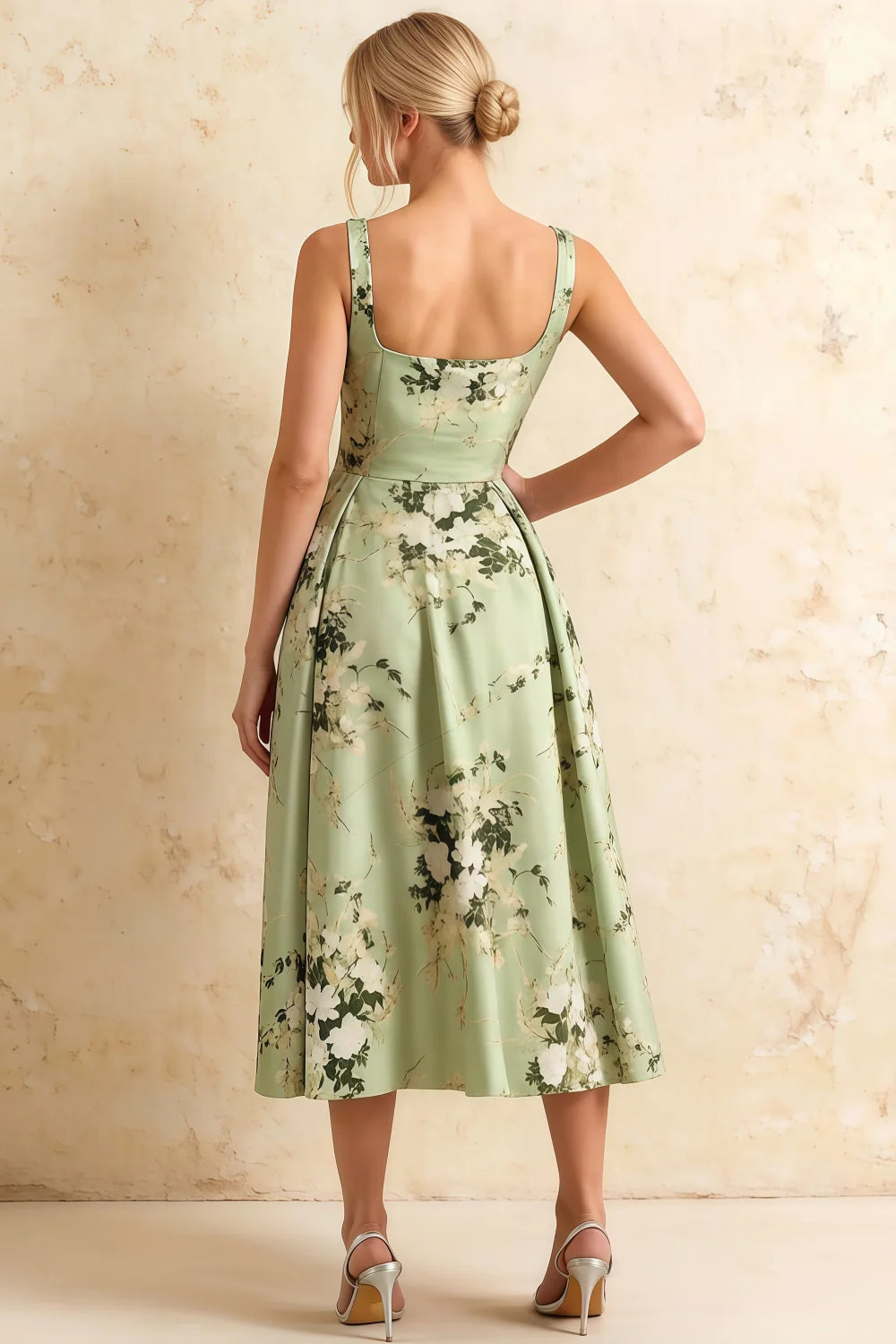 Gina Green Floral Square Neck A Line Midi Dress