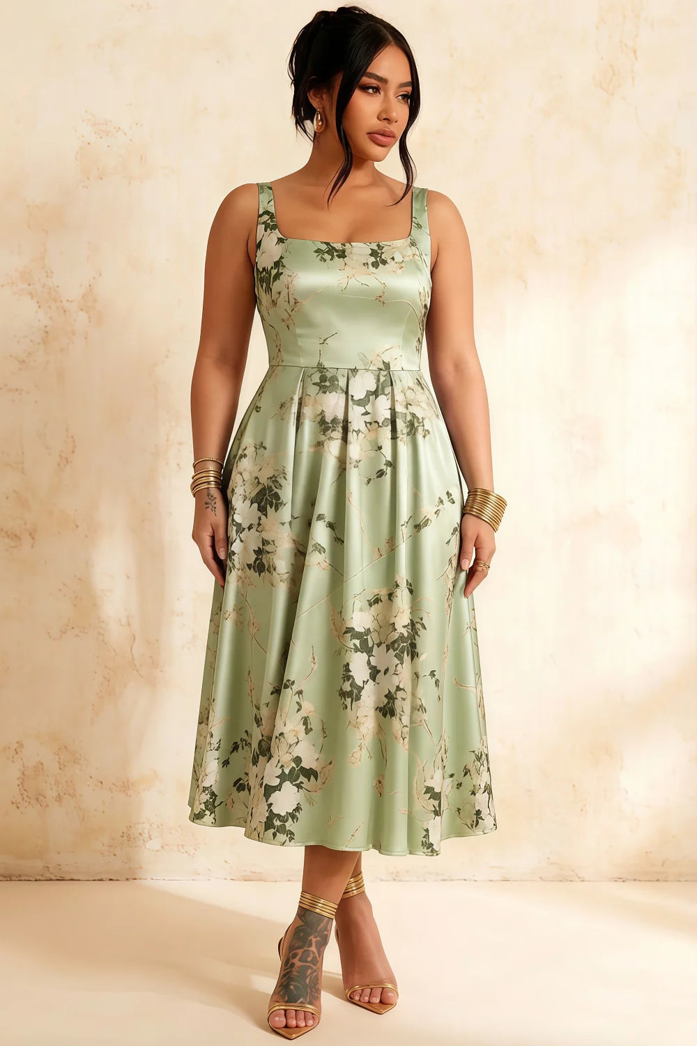 Gina Green Floral Square Neck A Line Midi Dress