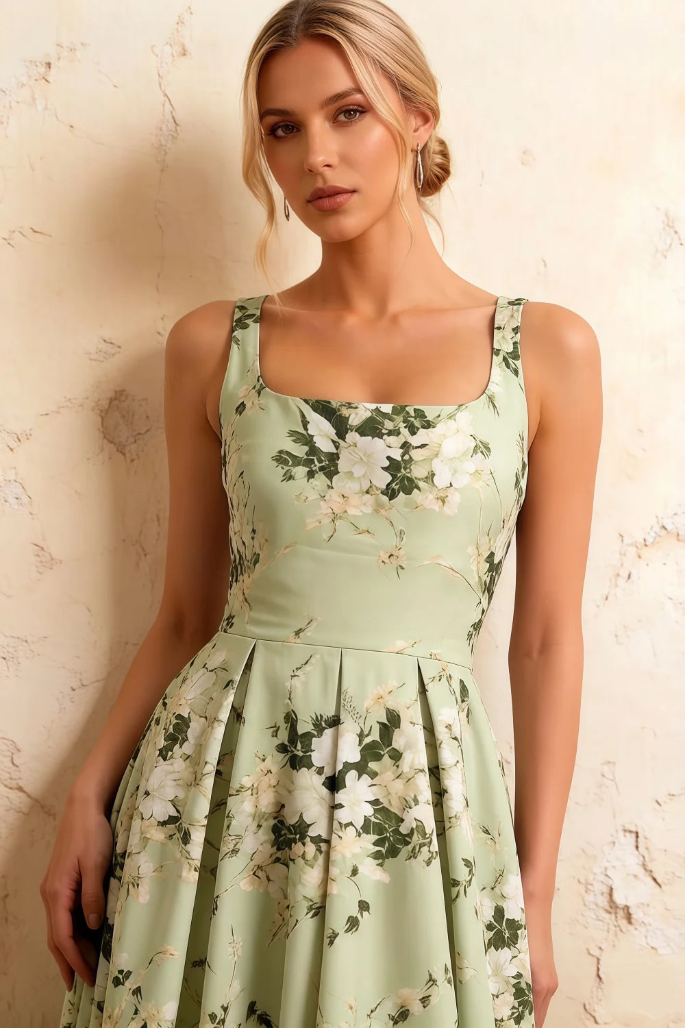 Gina Green Floral Square Neck A Line Midi Dress